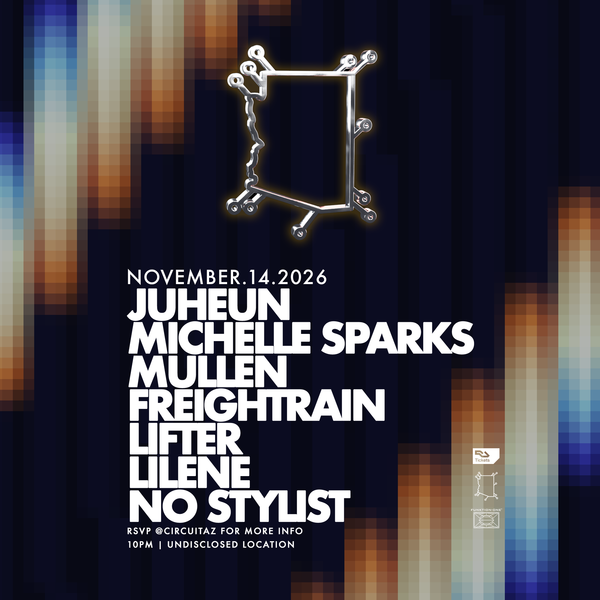 Official CIRCUIT Showcase flyer listing NO STYLIST, Juheun, Michelle Sparks, Mullen, Freightrain, Lifter and LILENE for November 14, 2026 in Phoenix